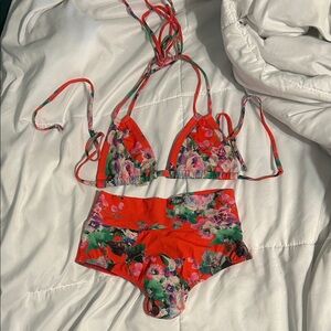 Montce Red Floral High-Waist One-Piece Style Swim